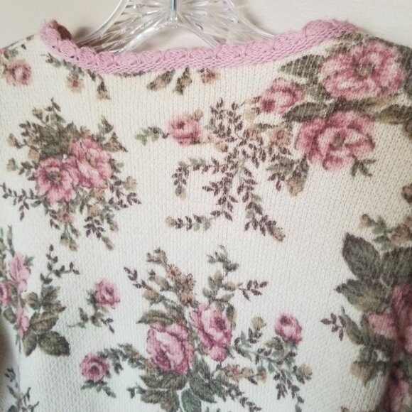 VINTAGE sieger wool granny cardigan sweater roses pink - Picture 10 of 14